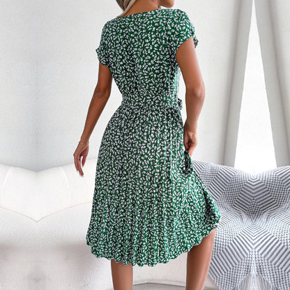 Spring Short Waist Pleated a Line Long Midi Dresses