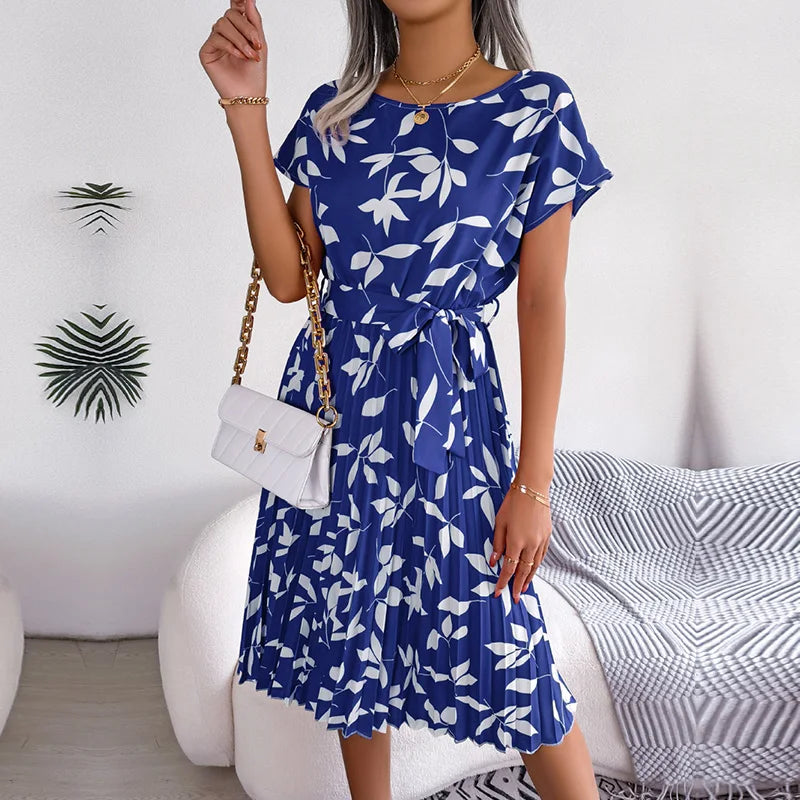 Spring Short Waist Pleated a Line Long Midi Dresses