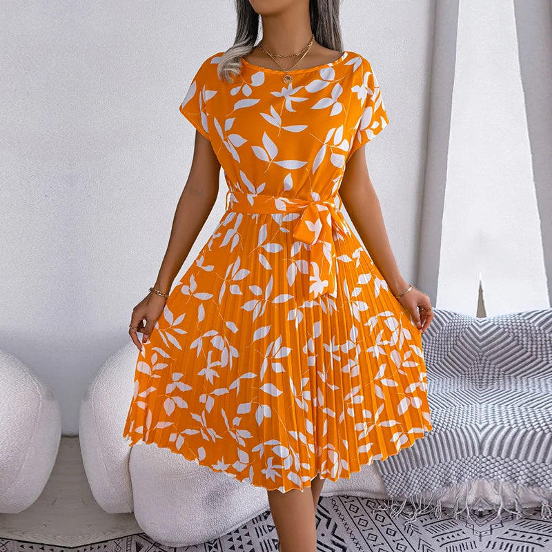 Spring Short Waist Pleated a Line Long Midi Dresses
