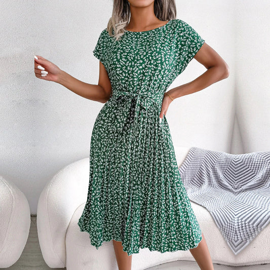 Spring Short Waist Pleated a Line Long Midi Dresses