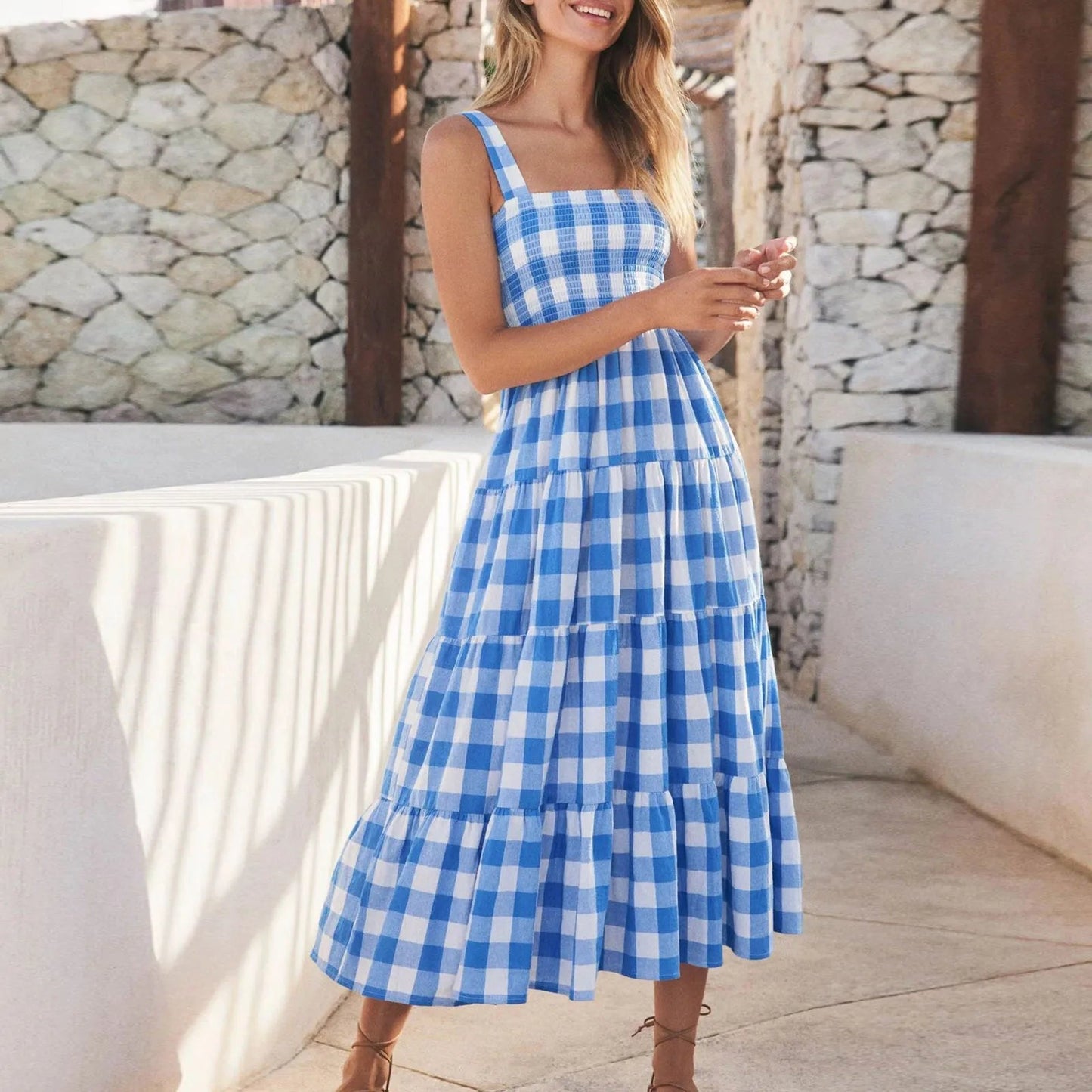 Fashionable Loose Strappy Plaid Vacation Beach Party Sleeveless Tiered Midi Dress