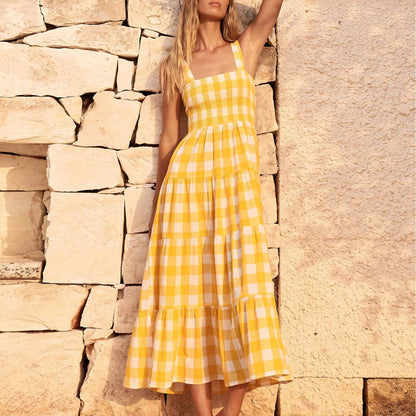 Fashionable Loose Strappy Plaid Vacation Beach Party Sleeveless Tiered Midi Dress