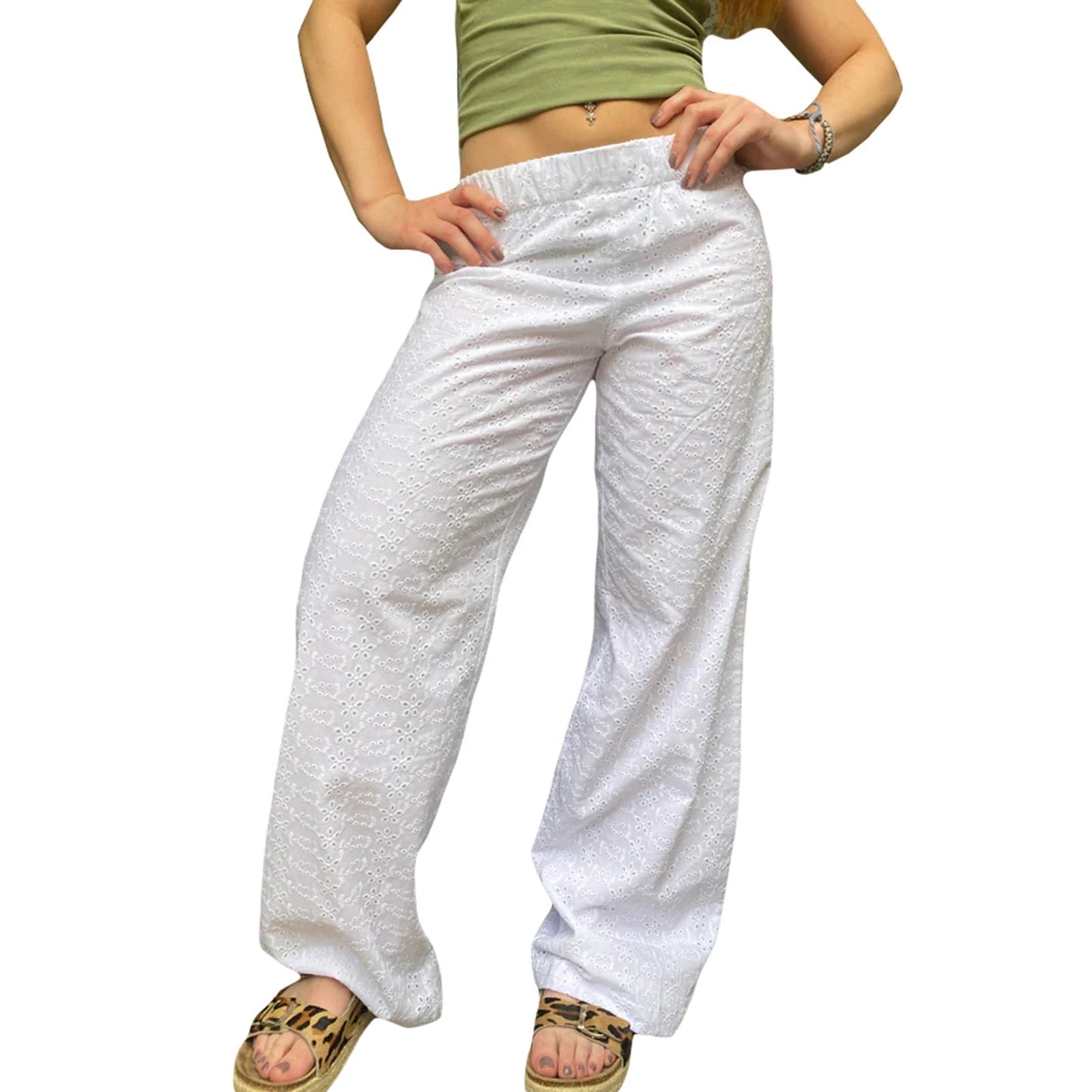 Summer Kawaii Eyelet Embroidery Palazzo Pant