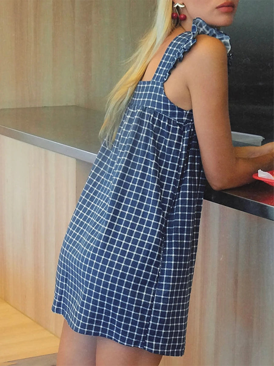 Plaid Ruffle Square Neck Mini Dress