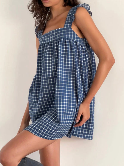 Plaid Ruffle Square Neck Mini Dress
