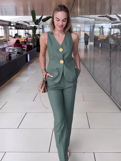 Summer Sleeveless Wide Leg Pants Office Two Piece Set