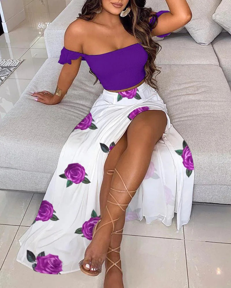 Dressbetty - Summer Print Off Shoulder Split Long Maxi Skirt