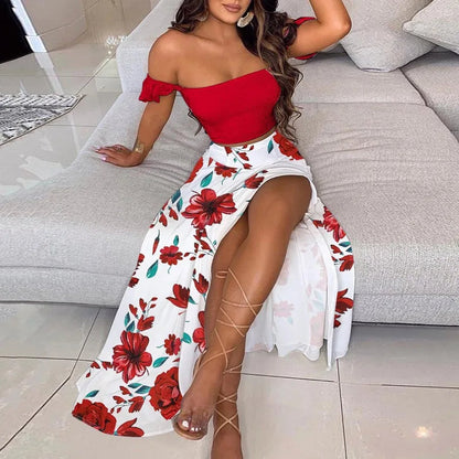 Dressbetty - Summer Print Off Shoulder Split Long Maxi Skirt
