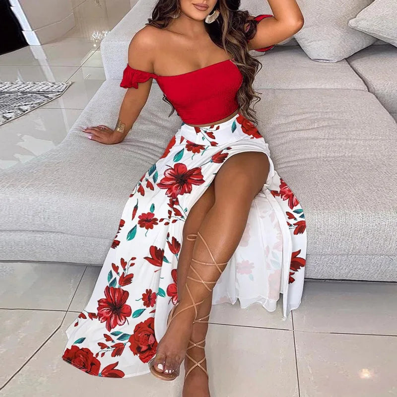 Dressbetty - Summer Print Off Shoulder Split Long Maxi Skirt