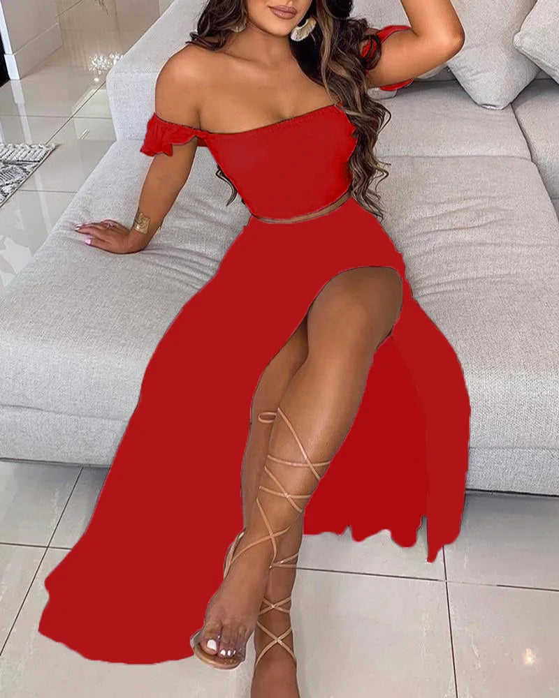 Dressbetty - Summer Print Off Shoulder Split Long Maxi Skirt