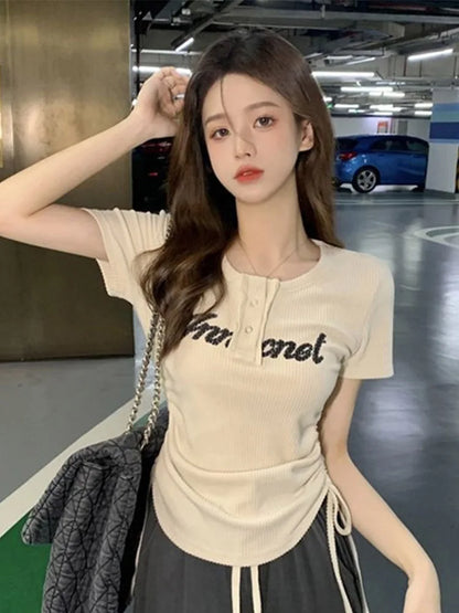 T-shirts Y2k Tops Drawstring Summer Graphic Knitting Harajuku Korean Letter Short Sleeve Aesthetic Clothing