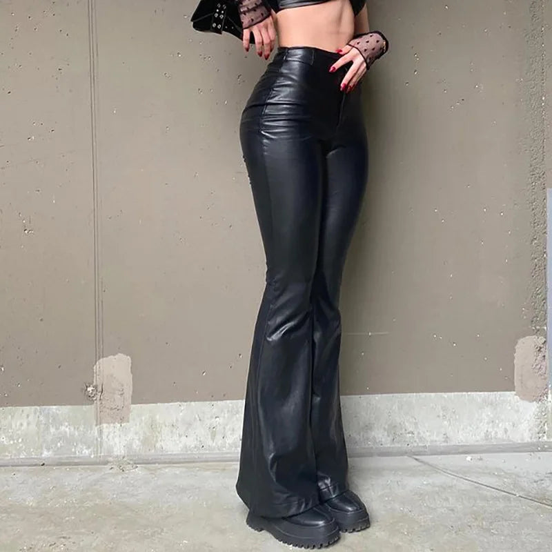 Pu High Waist Stretch Slim Faux Leather Bell-bottoms Bodycon Clubwear Pants