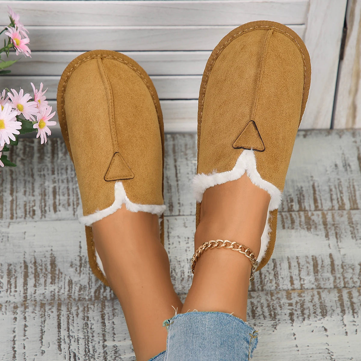 Warm Fur Cotton Slippers Flats Shoe Suede Winter Short Plush Non-slip Snow Boots Mujer Zapatos Mules