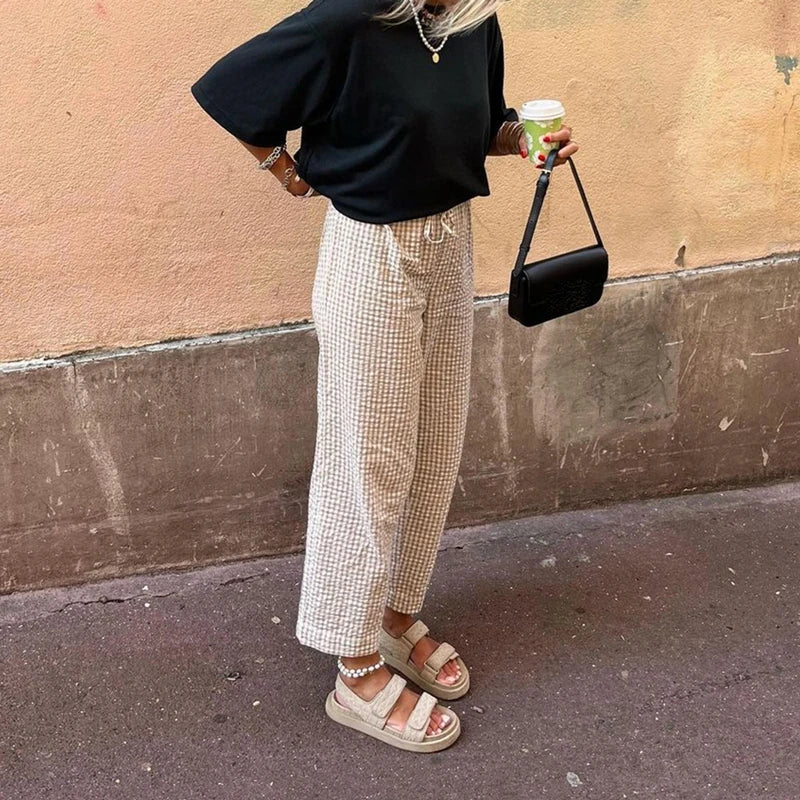 Gingham Print Elastic Waist Drawstring Lounge Pant
