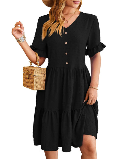 New Jacquard Five-quarter Pleat Polka Loose Midi Dresses