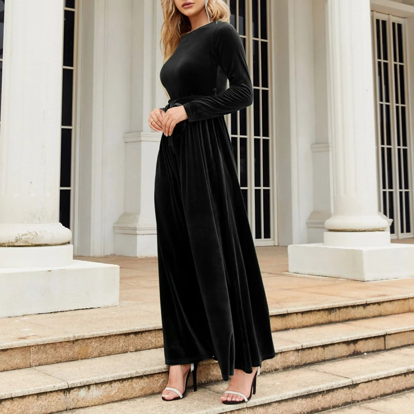 Green Velvet Long Dress With Lace-up Detail for Christmas Party
