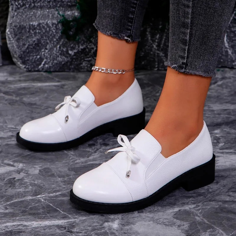 Black Leather Bow Autumn Sneakers Comfortable Flat Loafers