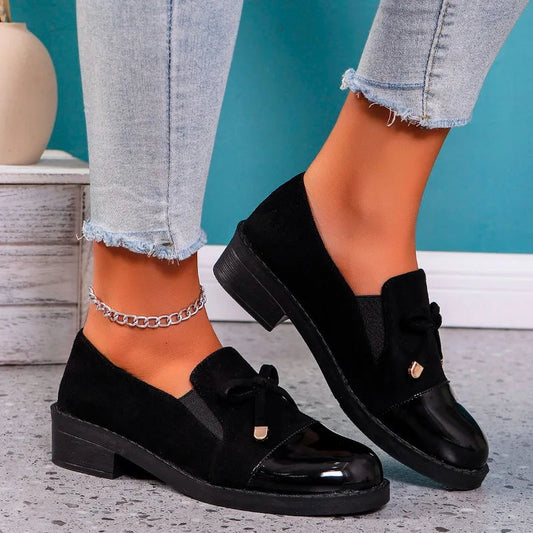 Black Leather Bow Autumn Sneakers Comfortable Flat Loafers