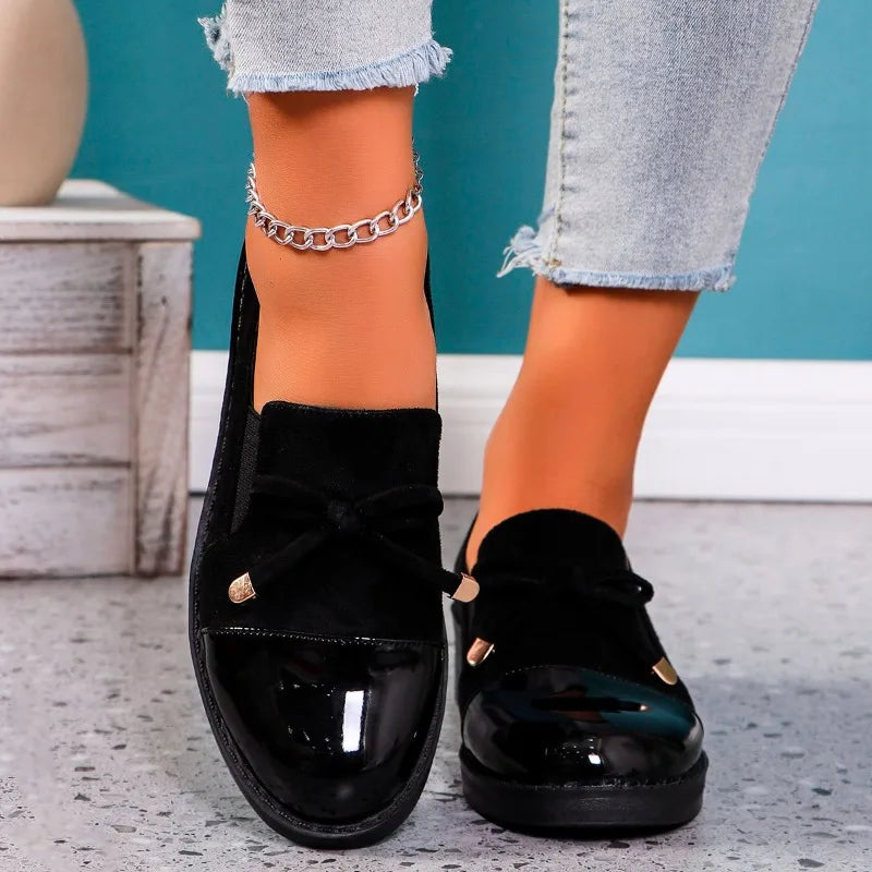 Black Leather Bow Autumn Sneakers Comfortable Flat Loafers