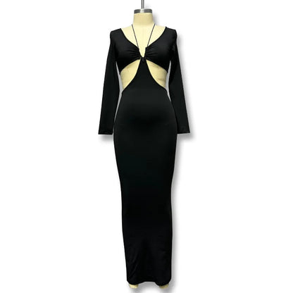 Black Autumn Long Sleeve V-neck Female Party Club Y2k Vestidos Traf Midi Dresses