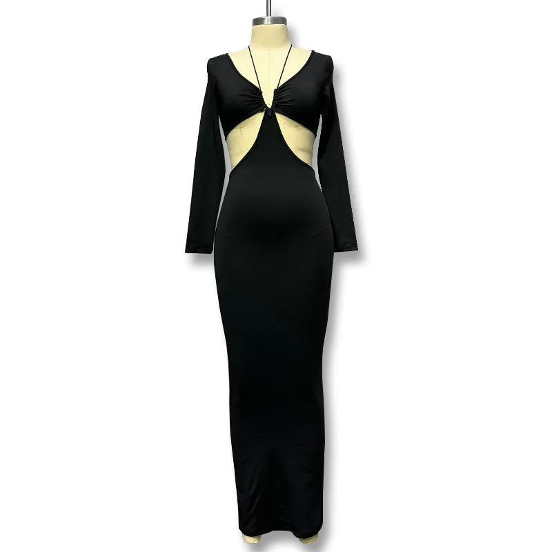 Black Autumn Long Sleeve V-neck Female Party Club Y2k Vestidos Traf Midi Dresses