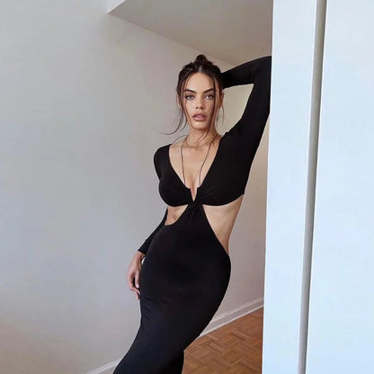 Black Autumn Long Sleeve V-neck Female Party Club Y2k Vestidos Traf Midi Dresses