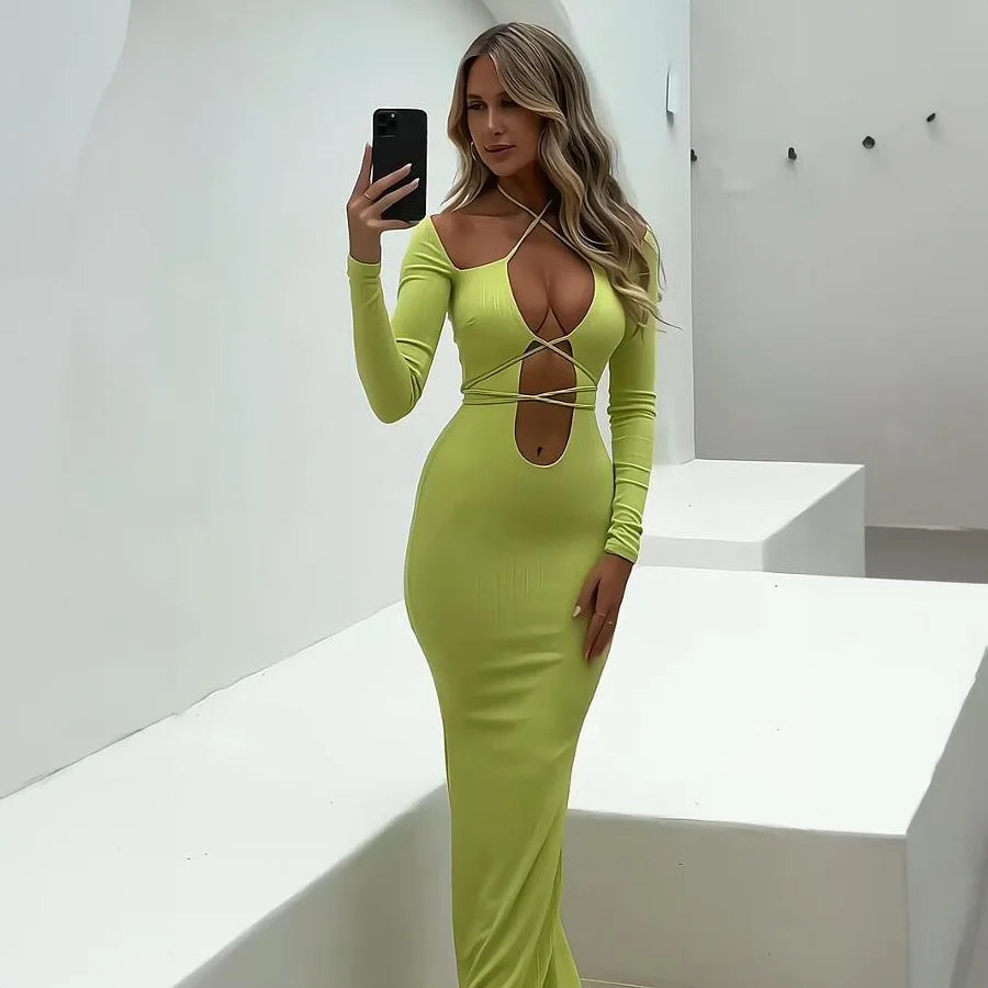 Bodycon Autumn/winter New Lace-up Slim Midi Dresses