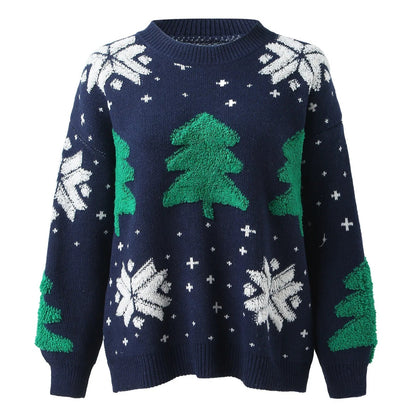Christmas Tree Print Round Neck Long Sleeve Knitwear Sweater