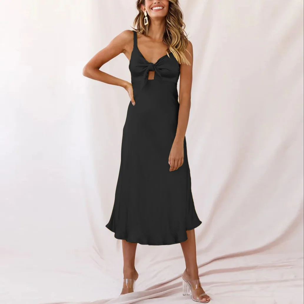 Halter Elastic Imitation Silk Pink Birthday Midi Dresses