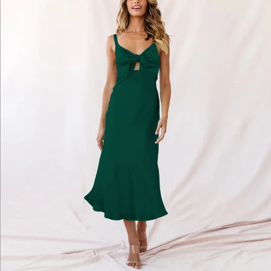 Halter Elastic Imitation Silk Pink Birthday Midi Dresses