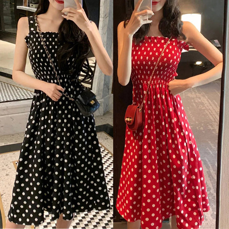 Summer Loose Polka Dot Shoulder Midi Dresses