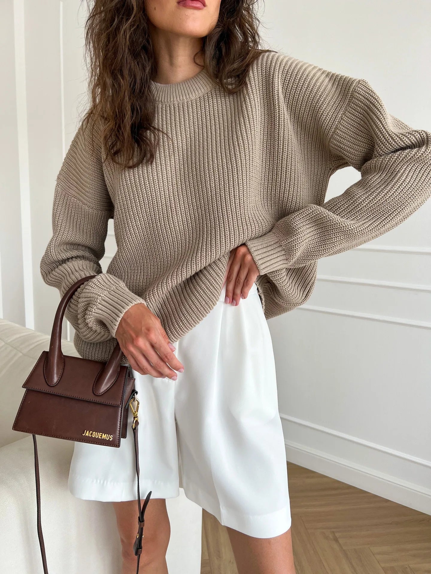 Warm Green Knitted Oversized Thick Loose White Sweater