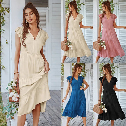 Loose V-neck Flying Leisure A-line Long Midi Dresses
