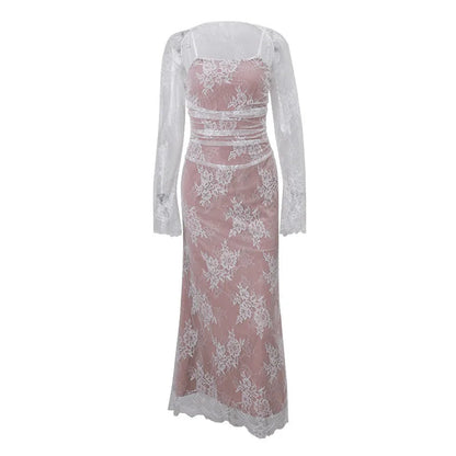 Maxi Autumn Temperament Sleeve Hook Flower Y2k Midi Dresses