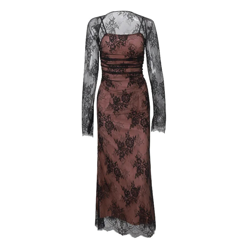 Maxi Autumn Temperament Sleeve Hook Flower Y2k Midi Dresses