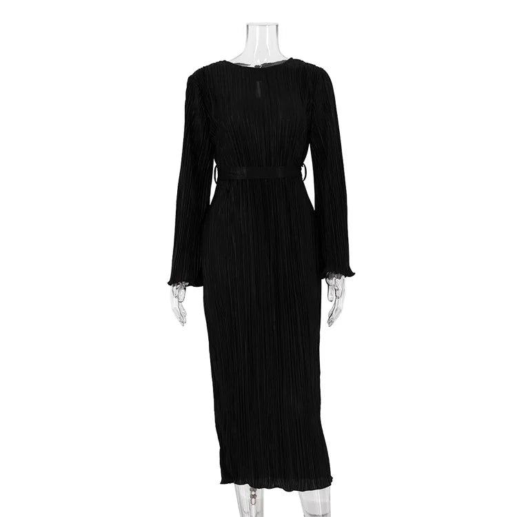 Maxi Autumn New Crew-neck Lace-up Pleated Midi Dresses