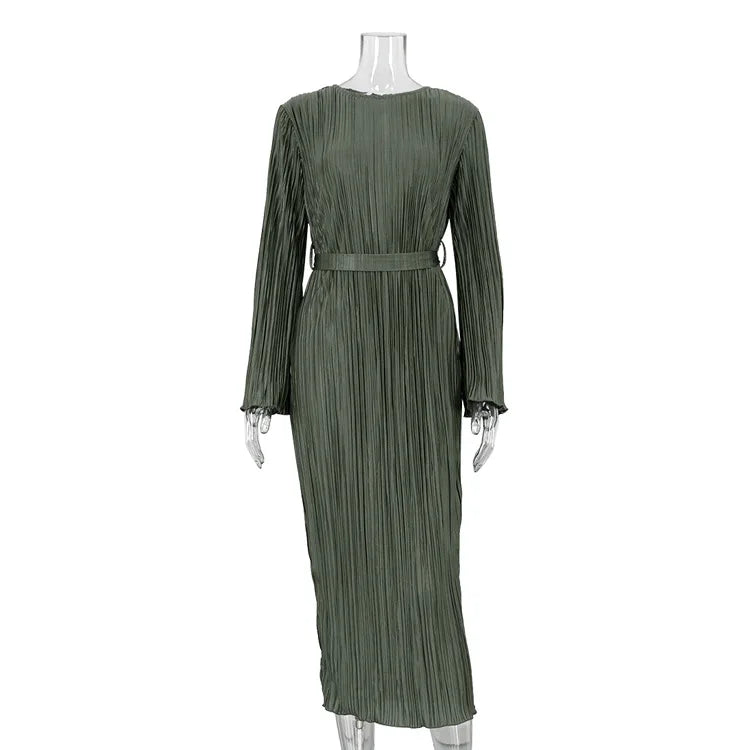 Maxi Autumn New Crew-neck Lace-up Pleated Midi Dresses