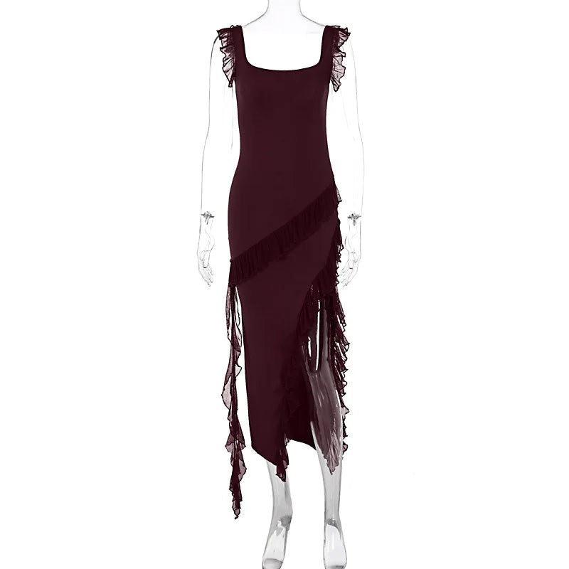 Maxi Summer Autumn Wooden Splicing Temperament Vestidos Midi Dresses