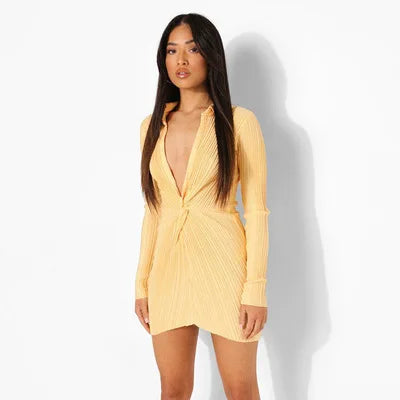 Pleated Splicing Low Cut Midi Dresses