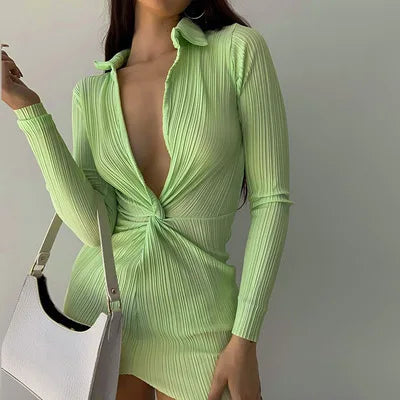 Pleated Splicing Low Cut Midi Dresses