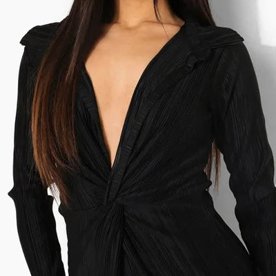 Pleated Splicing Low Cut Midi Dresses