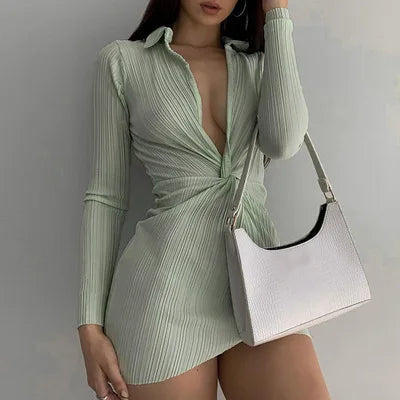 Pleated Splicing Low Cut Midi Dresses