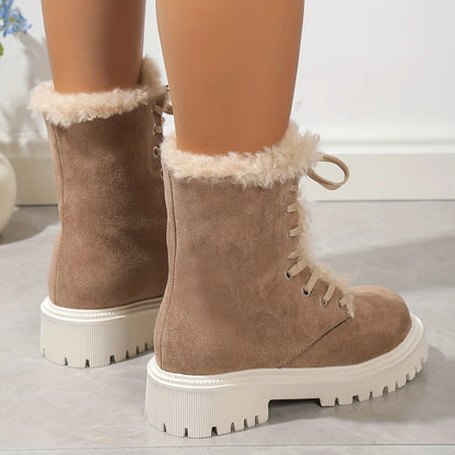 Plush Lined Thermal Lace Up Mid-calf Chunky Outdoor Snow Boot