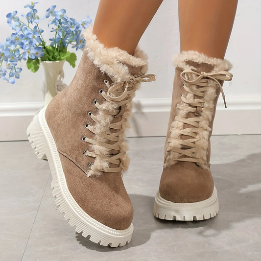 Plush Lined Thermal Lace Up Mid-calf Chunky Outdoor Snow Boot