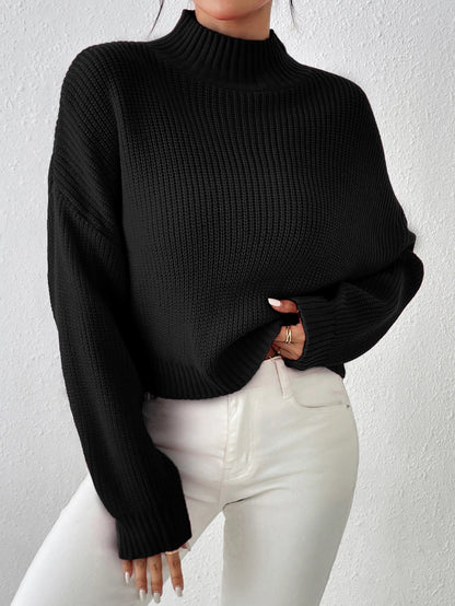 Ribbed Knitted Mock Long High Drop Shoulder Sweater