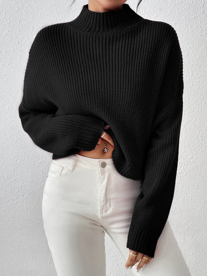 Ribbed Knitted Mock Long High Drop Shoulder Sweater