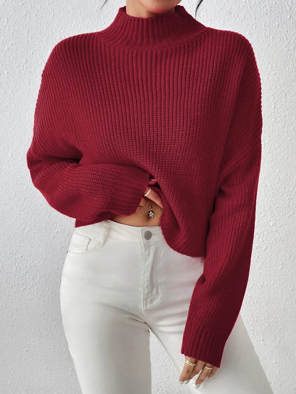 Ribbed Knitted Mock Long High Drop Shoulder Sweater