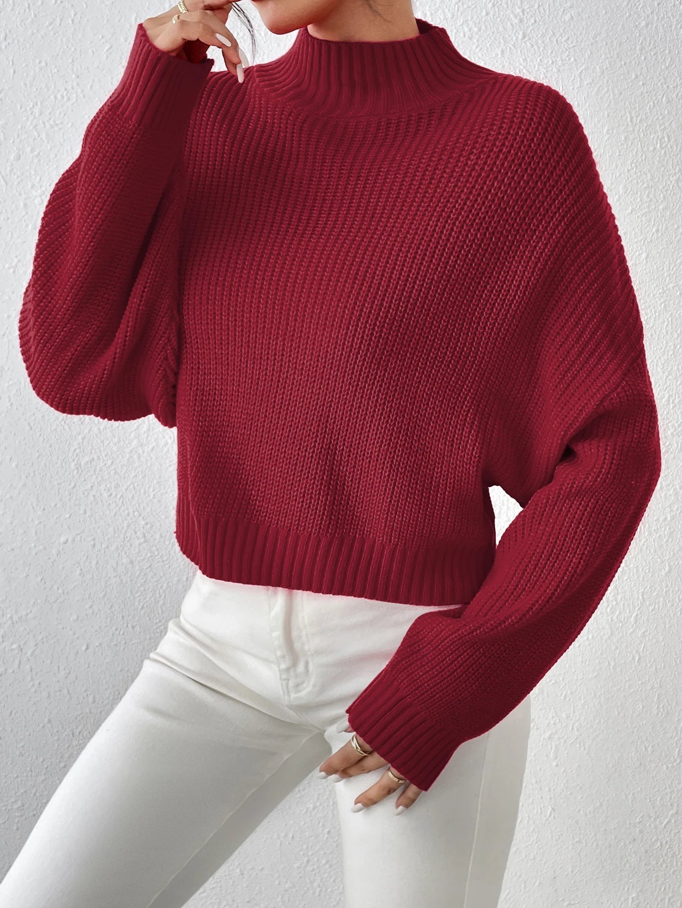 Ribbed Knitted Mock Long High Drop Shoulder Sweater