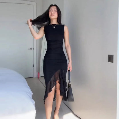 Ruffled Summer Autumn New Pure Sleeveless Waist Backless Trending Midi Dresses