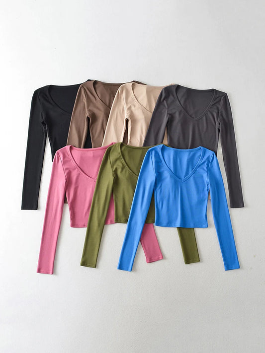 ’s Crop Tops Spring and Autumn Long-sleeved V-neck Cropped Top Bottoming Shirt T-shirt Tops